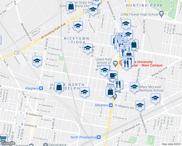 map of restaurants, bars, coffee shops, grocery stores, and more near 3423 North 17th Street in Philadelphia