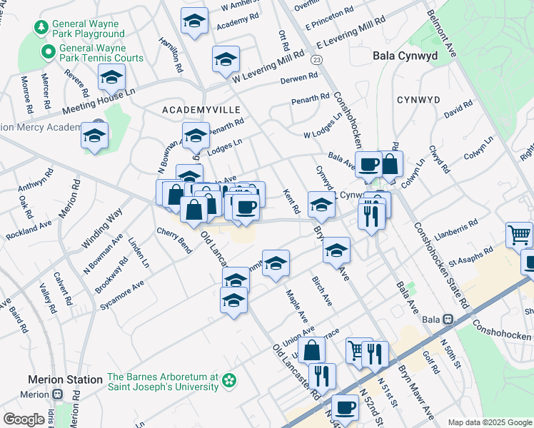 map of restaurants, bars, coffee shops, grocery stores, and more near 125 Montgomery Avenue in Bala Cynwyd