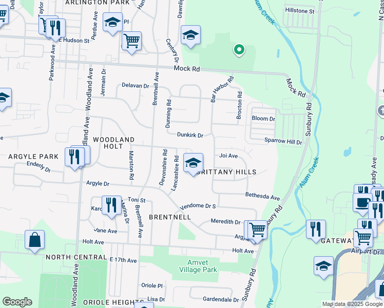 map of restaurants, bars, coffee shops, grocery stores, and more near 2365 Middlehurst Drive in Columbus