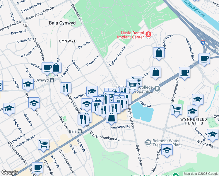 map of restaurants, bars, coffee shops, grocery stores, and more near 117 Minfford Road in Bala Cynwyd