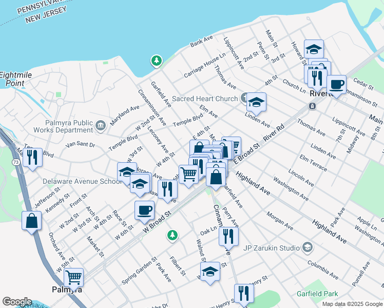 map of restaurants, bars, coffee shops, grocery stores, and more near 412 Garfield Avenue in Palmyra