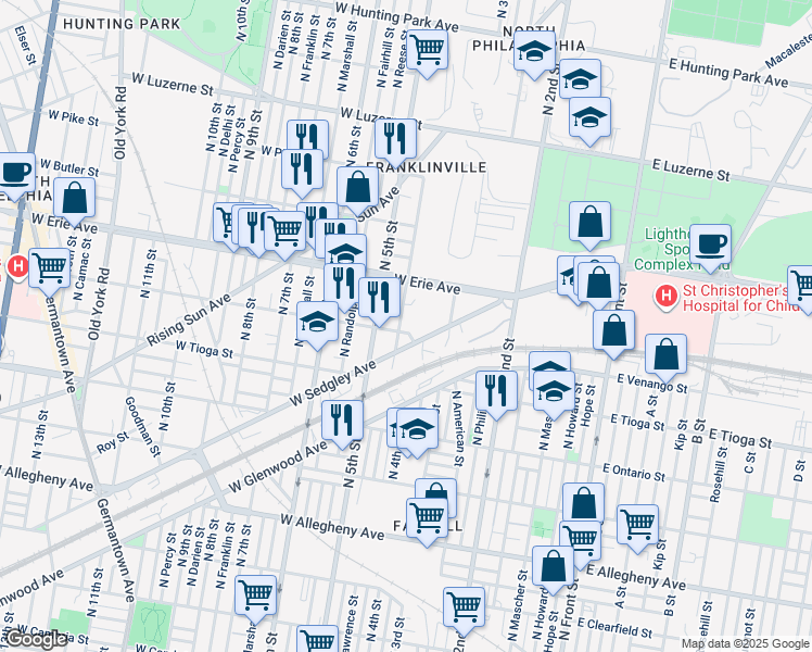 map of restaurants, bars, coffee shops, grocery stores, and more near 3605 North Lawrence Street in Philadelphia