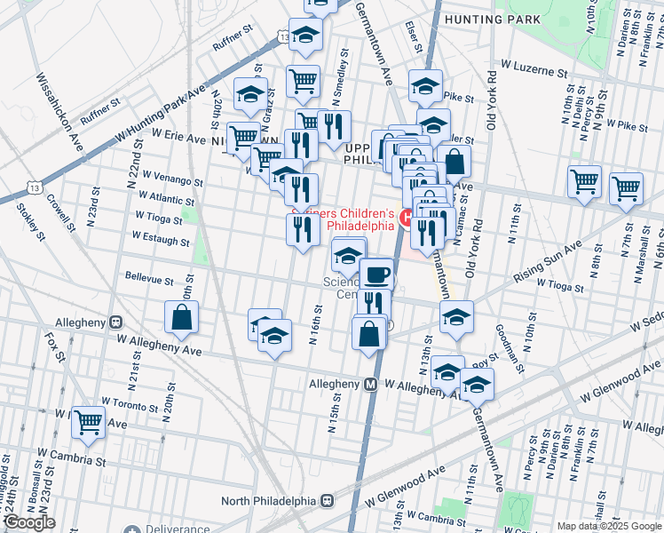 map of restaurants, bars, coffee shops, grocery stores, and more near 3429 North 16th Street in Philadelphia