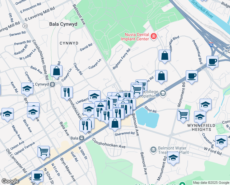 map of restaurants, bars, coffee shops, grocery stores, and more near 50 Belmont Avenue in Bala Cynwyd