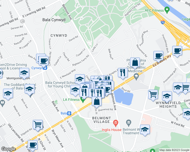 map of restaurants, bars, coffee shops, grocery stores, and more near 50 Belmont Avenue in Bala Cynwyd