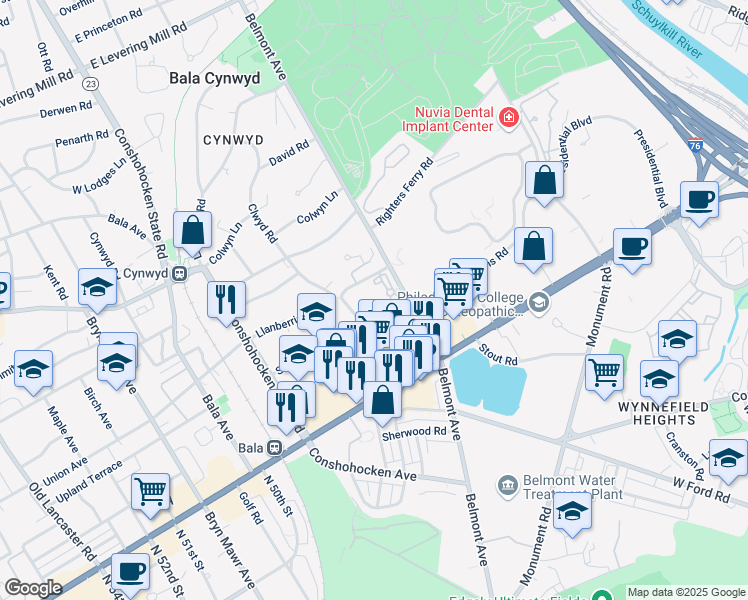 map of restaurants, bars, coffee shops, grocery stores, and more near 117 Minfford Road in Bala Cynwyd