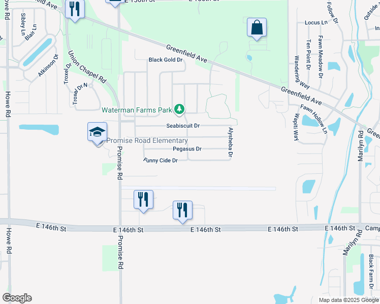map of restaurants, bars, coffee shops, grocery stores, and more near 11369 Pegasus Drive in Noblesville