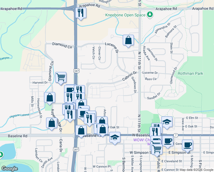 map of restaurants, bars, coffee shops, grocery stores, and more near 733 Amelia Lane in Lafayette