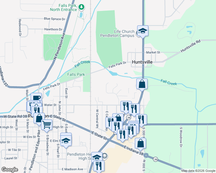 map of restaurants, bars, coffee shops, grocery stores, and more near 15 Village Parkway in Pendleton