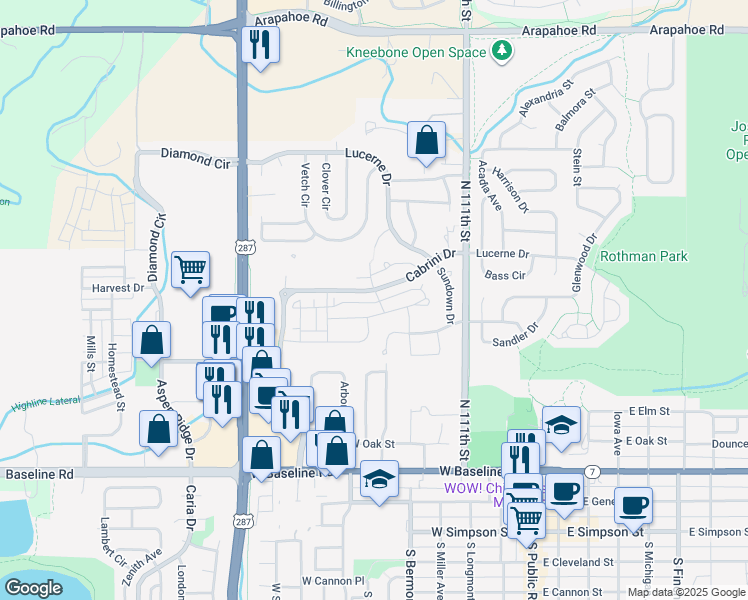 map of restaurants, bars, coffee shops, grocery stores, and more near 705 Amelia Lane in Lafayette