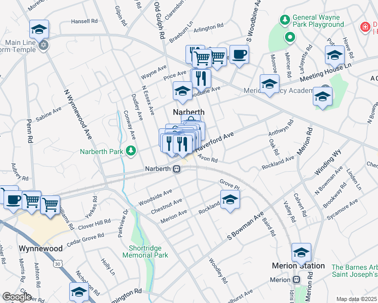 map of restaurants, bars, coffee shops, grocery stores, and more near 144 North Narberth Avenue in Narberth