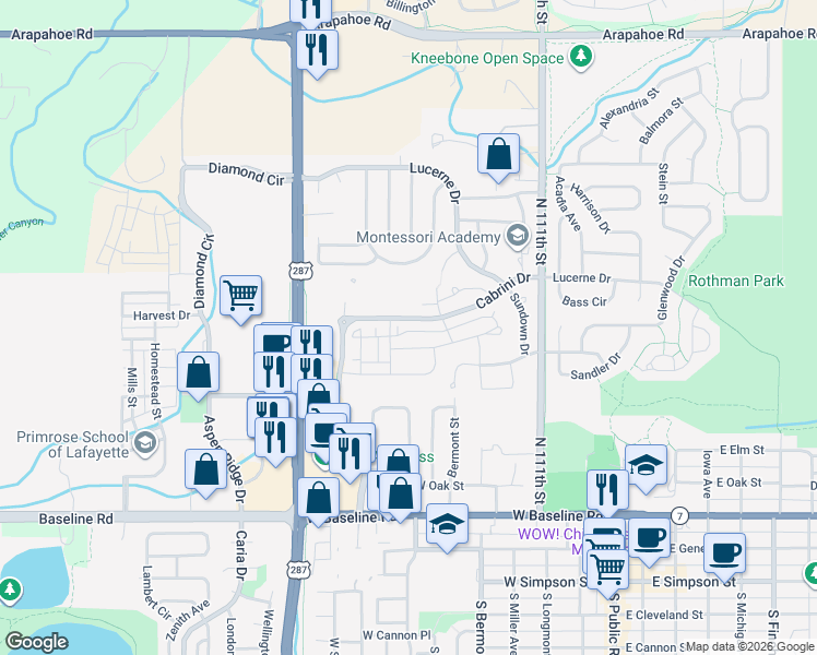 map of restaurants, bars, coffee shops, grocery stores, and more near 737 Amelia Lane in Lafayette