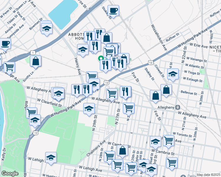 map of restaurants, bars, coffee shops, grocery stores, and more near 2745-51 West Allegheny Avenue in Philadelphia