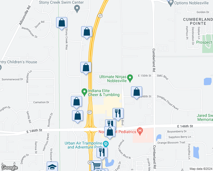 map of restaurants, bars, coffee shops, grocery stores, and more near 9300 Amberstone Lane in Noblesville