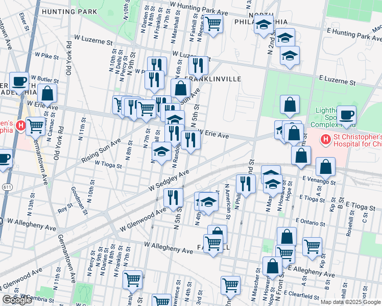 map of restaurants, bars, coffee shops, grocery stores, and more near 3607 North 5th Street in Philadelphia