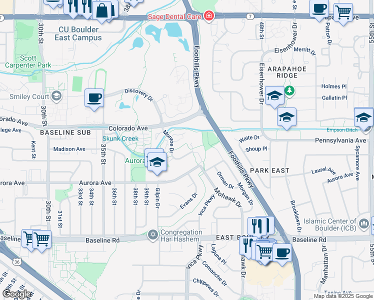 map of restaurants, bars, coffee shops, grocery stores, and more near 1130 Monroe Drive in Boulder