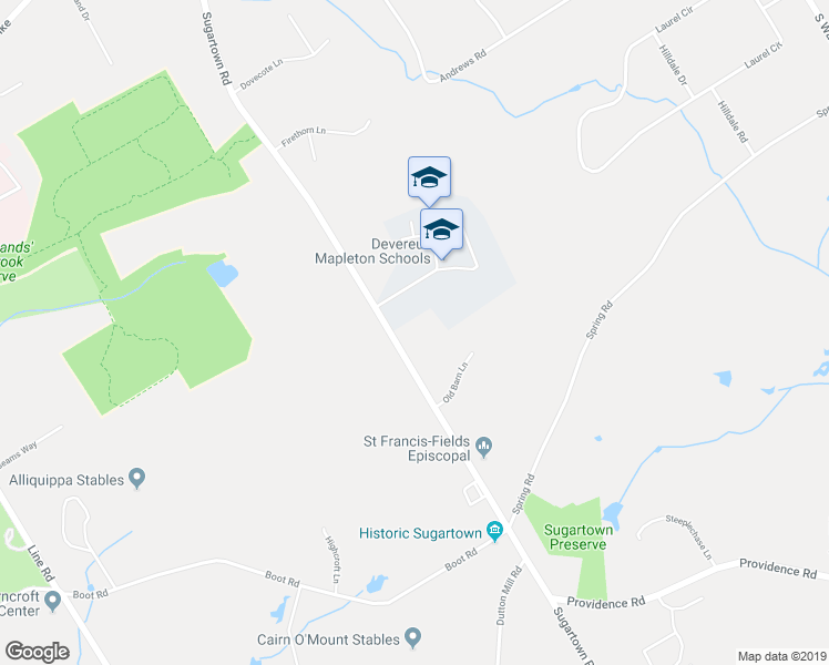 map of restaurants, bars, coffee shops, grocery stores, and more near 673 Sugartown Road in Malvern