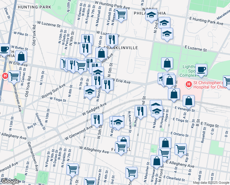 map of restaurants, bars, coffee shops, grocery stores, and more near 3607 North Lawrence Street in Philadelphia