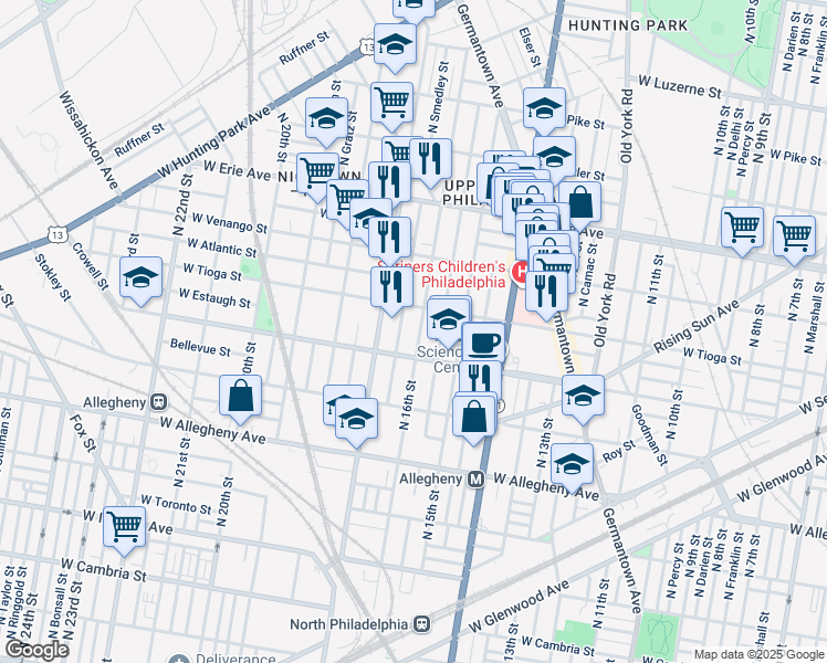 map of restaurants, bars, coffee shops, grocery stores, and more near 3432 North 16th Street in Philadelphia