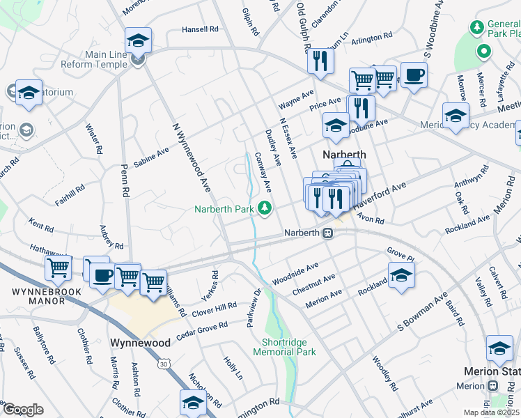 map of restaurants, bars, coffee shops, grocery stores, and more near 85 Windsor Avenue in Narberth