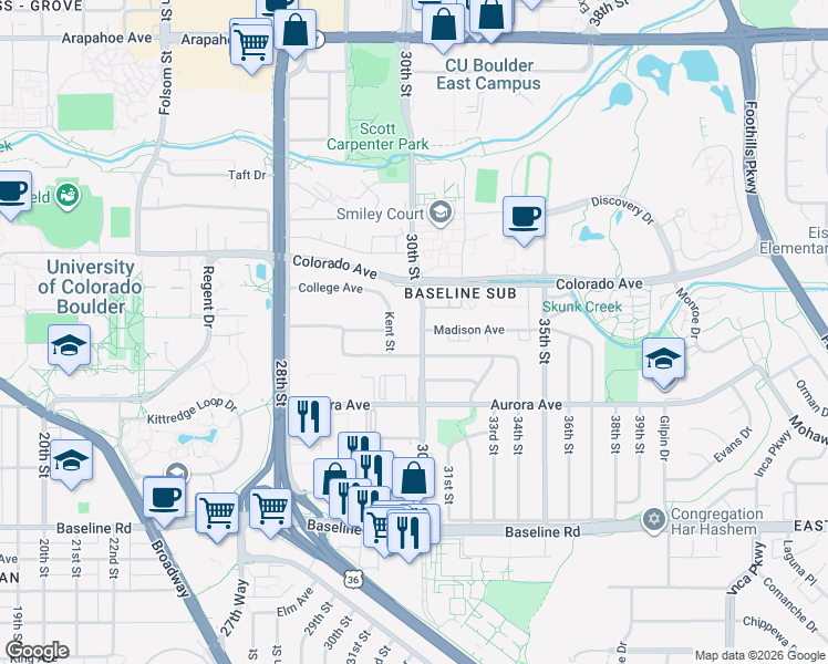 map of restaurants, bars, coffee shops, grocery stores, and more near 1055 30th Street in Boulder