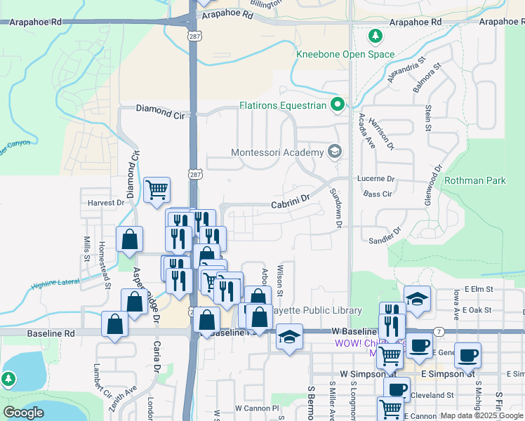 map of restaurants, bars, coffee shops, grocery stores, and more near 745 Amelia Lane in Lafayette