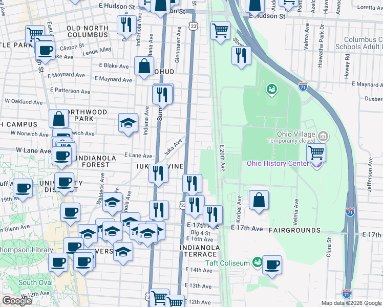map of restaurants, bars, coffee shops, grocery stores, and more near 2110 U.S. 23 in Columbus