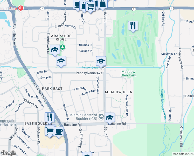 map of restaurants, bars, coffee shops, grocery stores, and more near 1084 Sycamore Avenue in Boulder