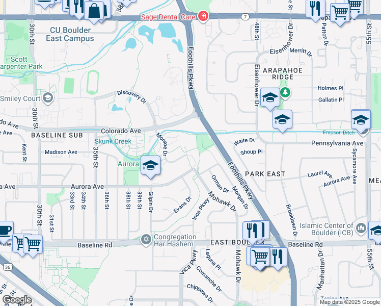 map of restaurants, bars, coffee shops, grocery stores, and more near 4289 Monroe Drive in Boulder