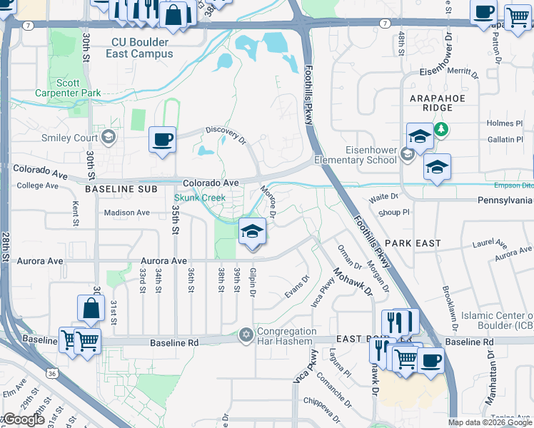 map of restaurants, bars, coffee shops, grocery stores, and more near 1141 Monroe Drive in Boulder