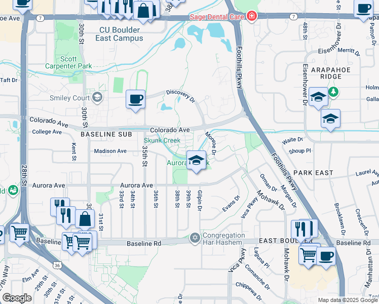 map of restaurants, bars, coffee shops, grocery stores, and more near 3950 Colorado Avenue in Boulder