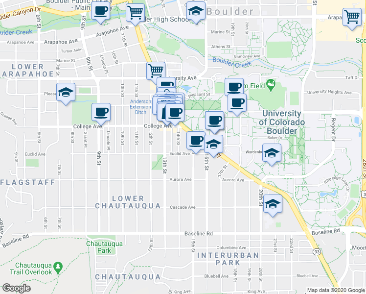 map of restaurants, bars, coffee shops, grocery stores, and more near in Boulder