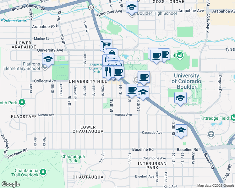 map of restaurants, bars, coffee shops, grocery stores, and more near in Boulder