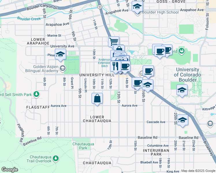 map of restaurants, bars, coffee shops, grocery stores, and more near 1053 12th Street in Boulder