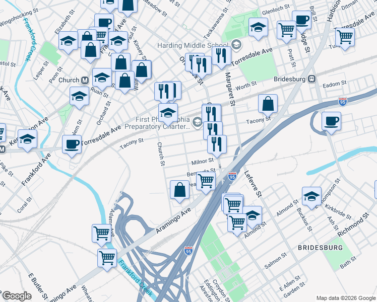 map of restaurants, bars, coffee shops, grocery stores, and more near 2320 Duncan Street in Philadelphia