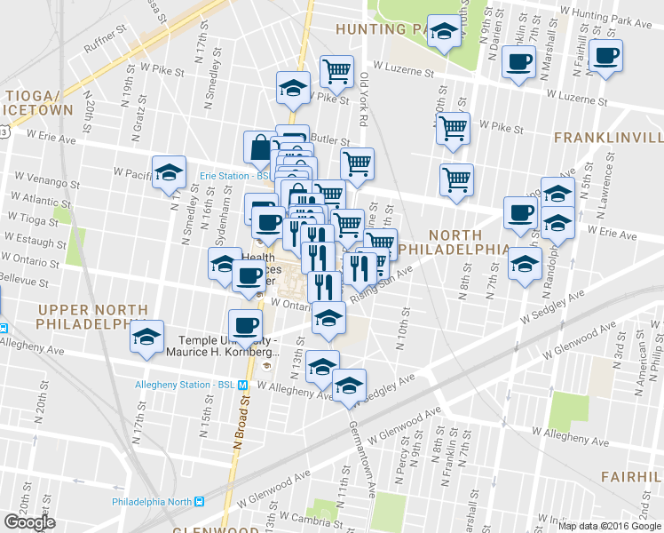 map of restaurants, bars, coffee shops, grocery stores, and more near 3526 Old York Road in Philadelphia