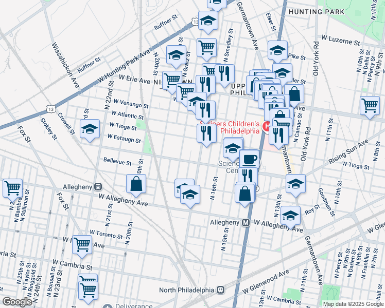 map of restaurants, bars, coffee shops, grocery stores, and more near 3423 North Bouvier Street in Philadelphia