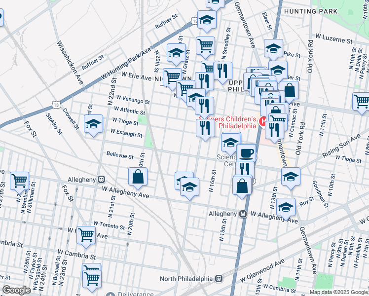 map of restaurants, bars, coffee shops, grocery stores, and more near 1712 West Tioga Street in Philadelphia