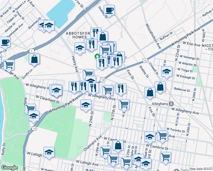 map of restaurants, bars, coffee shops, grocery stores, and more near 2745-51 West Allegheny Avenue in Philadelphia