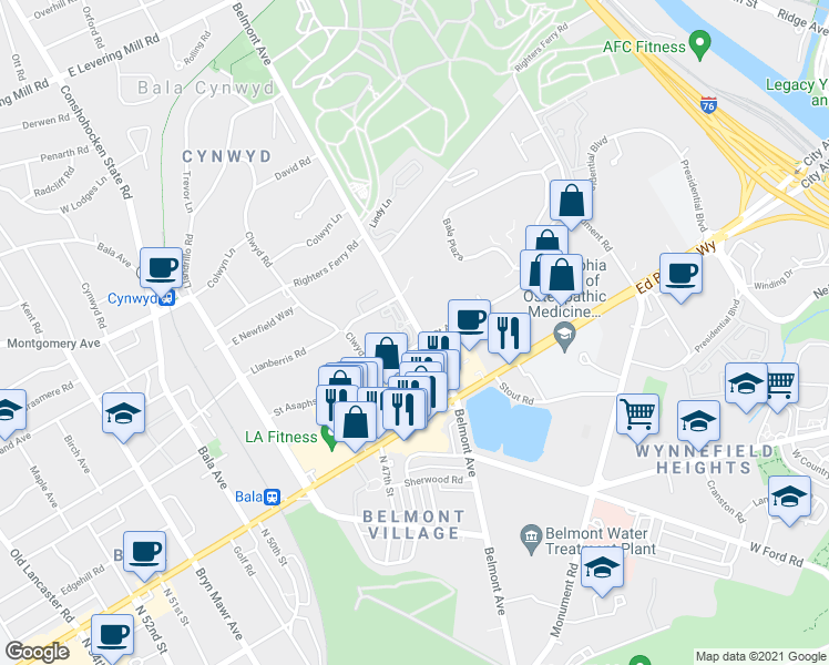 map of restaurants, bars, coffee shops, grocery stores, and more near Belmont Avenue in Bala Cynwyd