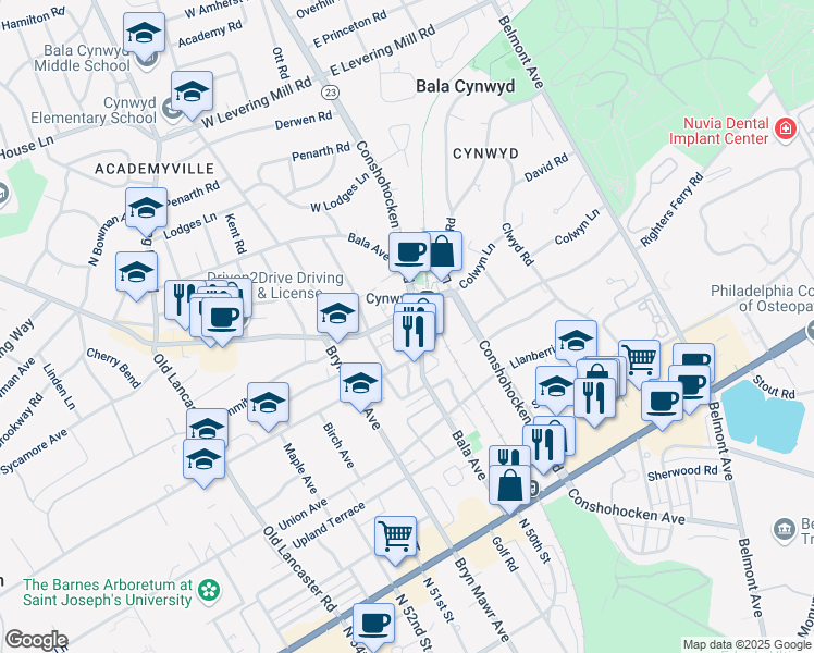 map of restaurants, bars, coffee shops, grocery stores, and more near in Bala Cynwyd