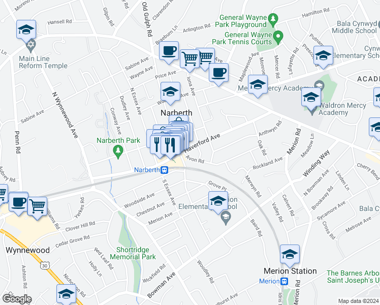 map of restaurants, bars, coffee shops, grocery stores, and more near in Narberth