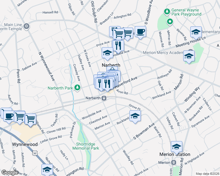 map of restaurants, bars, coffee shops, grocery stores, and more near 144 North Narberth Avenue in Narberth