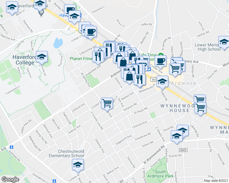 map of restaurants, bars, coffee shops, grocery stores, and more near 24 1/2 School Lane in Ardmore