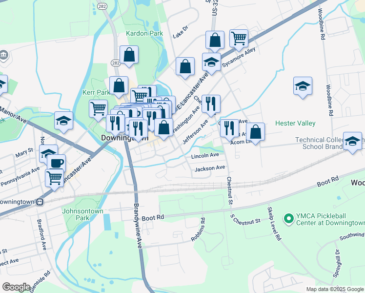 map of restaurants, bars, coffee shops, grocery stores, and more near 332 Jefferson Avenue in Downingtown