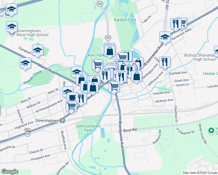map of restaurants, bars, coffee shops, grocery stores, and more near in Downingtown