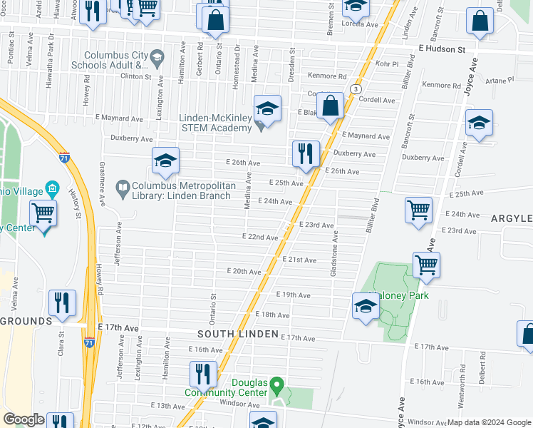 map of restaurants, bars, coffee shops, grocery stores, and more near 1294 East 24th Avenue in Columbus