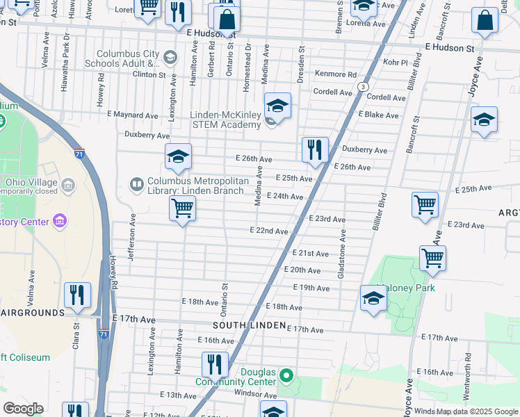 map of restaurants, bars, coffee shops, grocery stores, and more near 1241 East 24th Avenue in Columbus