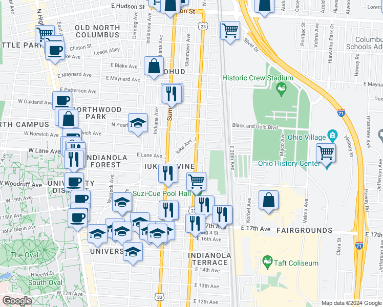 map of restaurants, bars, coffee shops, grocery stores, and more near 2110 U.S. 23 in Columbus