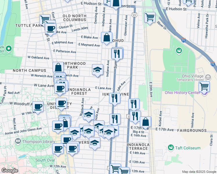 map of restaurants, bars, coffee shops, grocery stores, and more near 2111 Summit Street in Columbus